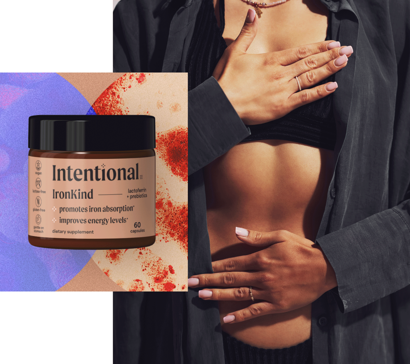 60 count bottle of Intentional IronKind lactoferrin and prebiotic supplement shown with woman with hands over heart and gut