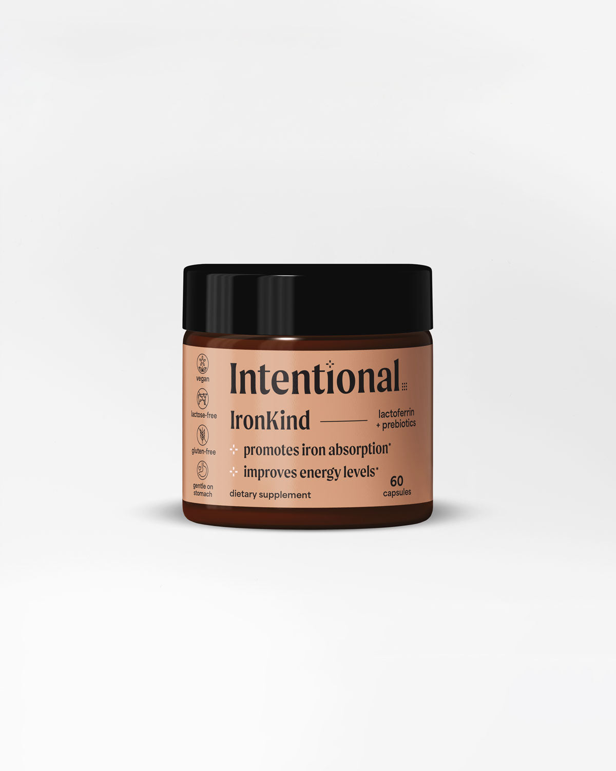 Vegan Lactoferrin and Prebiotics Supplement | Intentional IronKind | 250mg Lactoferrin and 525mg prebiotics (yeast-derived polysaccharide) | 60 counts | Front 2